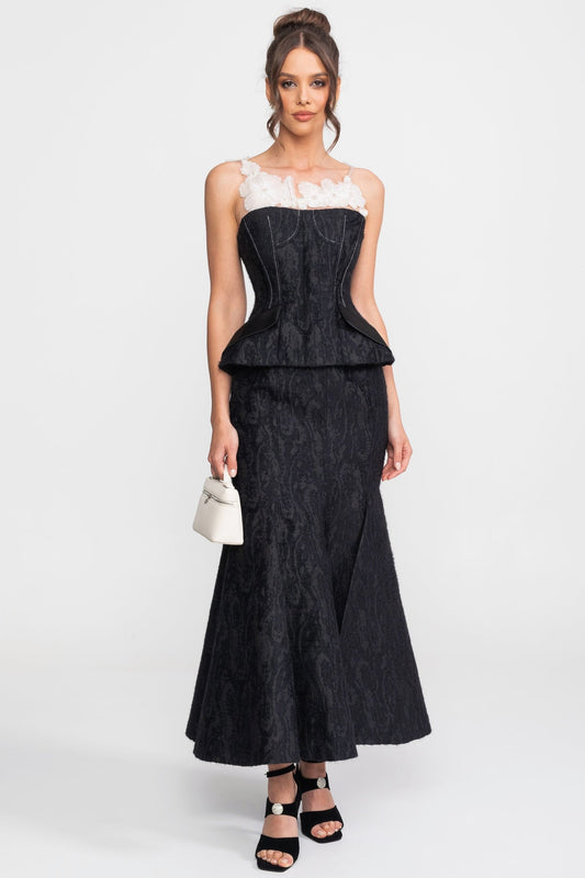 Jacquard Peplum Top and Maxi Skirt Set with Sheer Floral Neckline – Black – view 2
