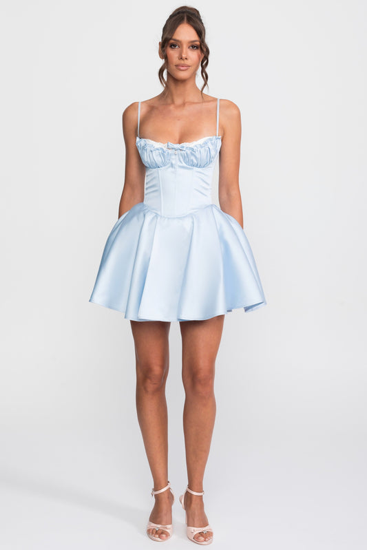 Satin Sweetheart Fit-and-Flare Mini Dress with Lace Trim – Blue – view 2
