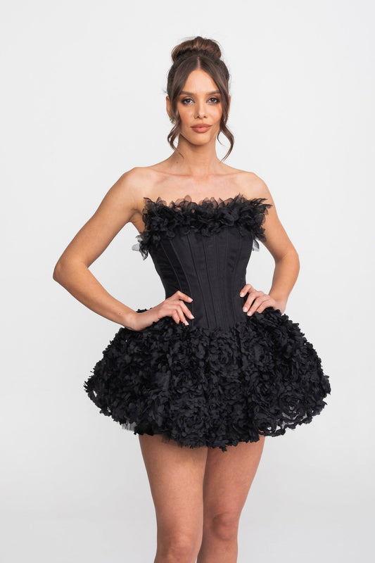 Strapless Boned Corset Mini Dress with 3D Rose Appliqué Skirt – Black