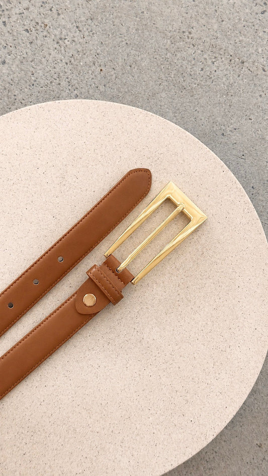 Stacey Faux Leather Belt with Gold Detailing – Latte