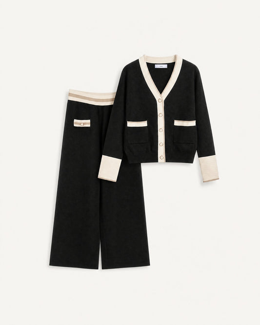 Jacquard Knit Cardigan and Wide Leg Trousers Co-ord Set – Black
