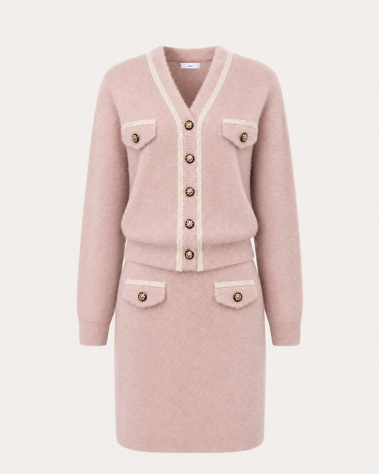 Jacquard Colour Block Long Sleeve Knit Cardigan and Skirt Set