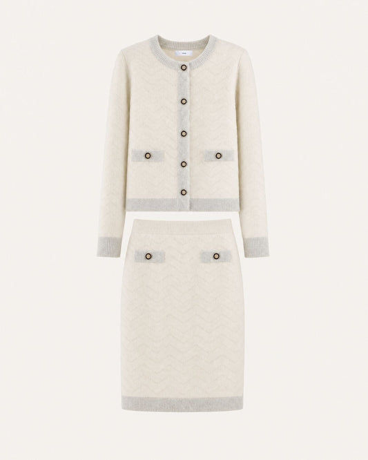 Jacquard Knit Long Sleeve Jacket and Skirt Suit Set – Apricot