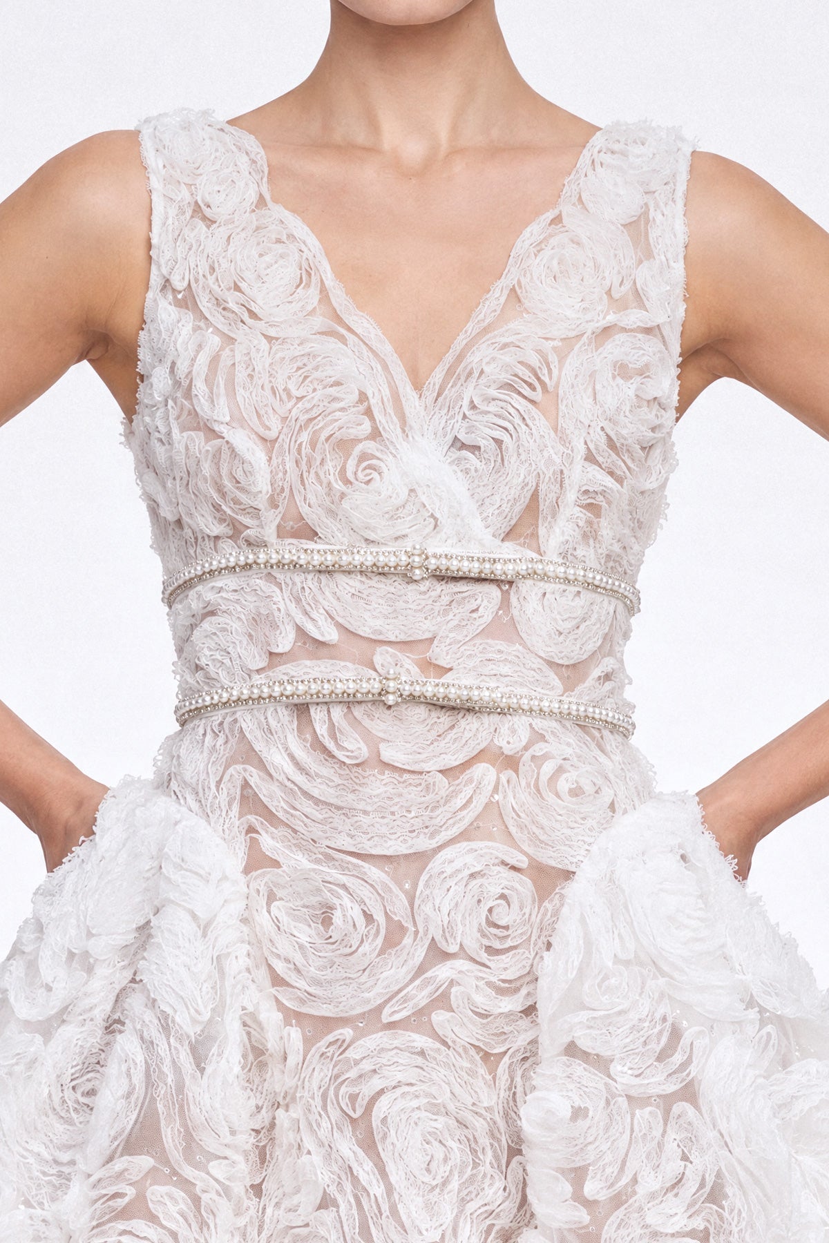 Rosette Embroidered Tulle Pouf Mini Dress with Pearl Belt – Ivory – view 6