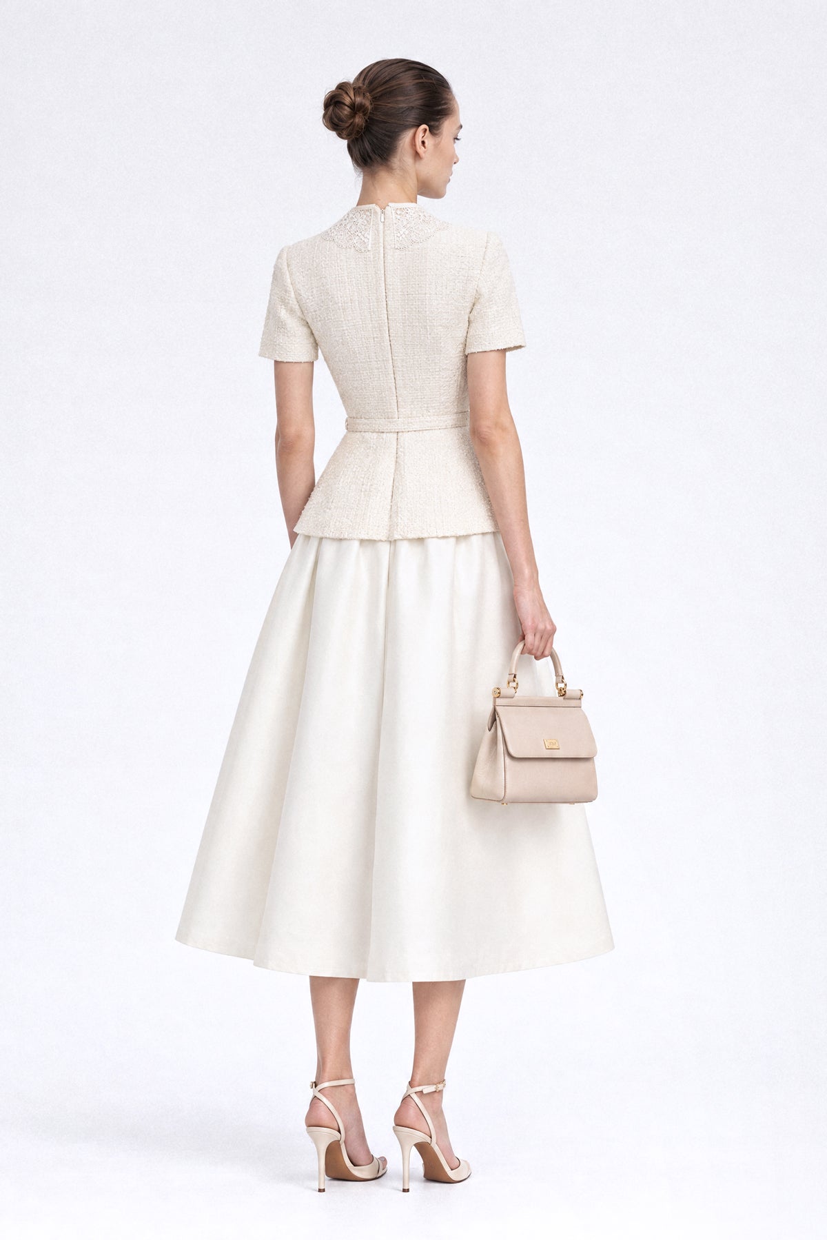 Bouclé Tweed Peplum Midi Dress with Lace Collar and Mikado Skirt – Ivoire – view 6