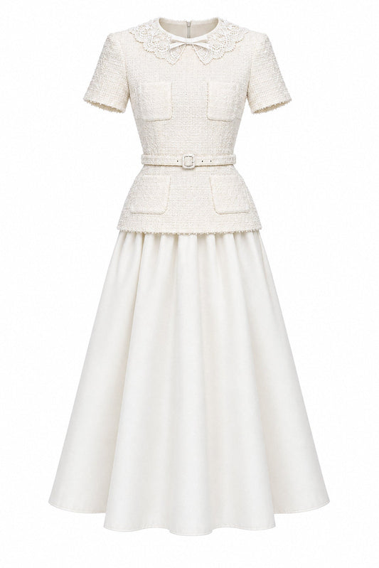 Bouclé Tweed Peplum Midi Dress with Lace Collar and Mikado Skirt – Ivoire – view 2
