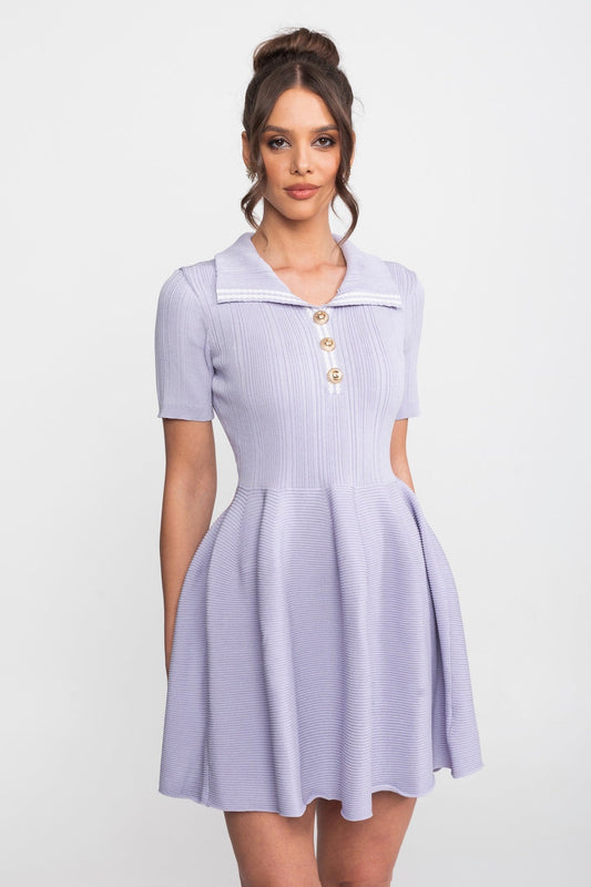 Ribbed Knit Open Polo Collar A-Line Mini Dress – Lilac – view 2