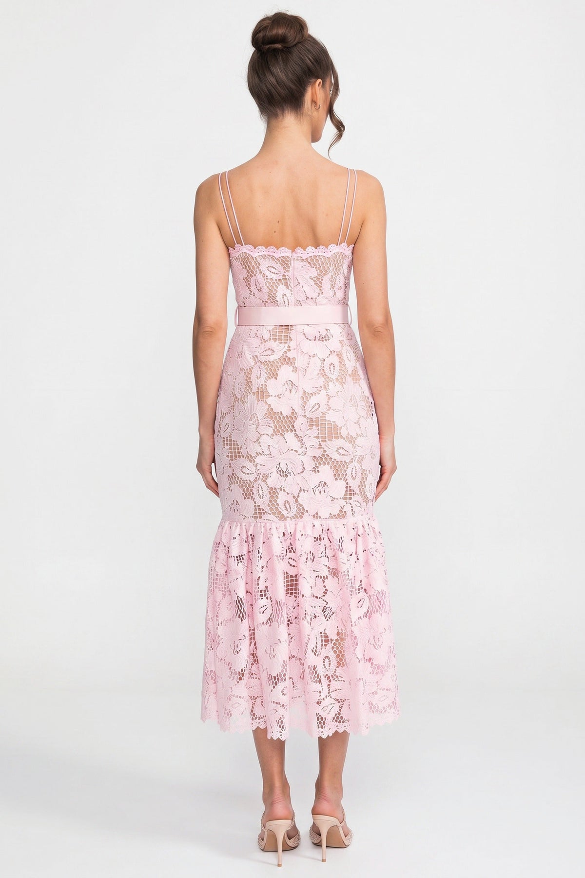 Lace Square Neck Midi Dress with Belted Waist and Flounce Hem – Pink