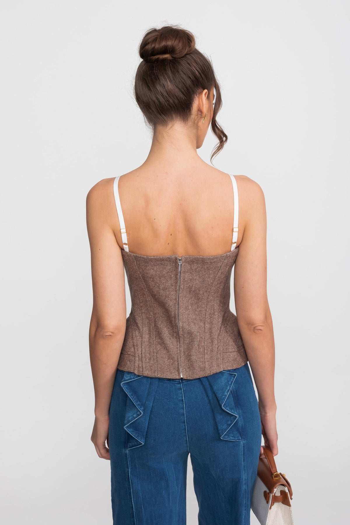 Tweed-Look Corset Top with Lace Straps and Peplum Hem – Brown – view 5
