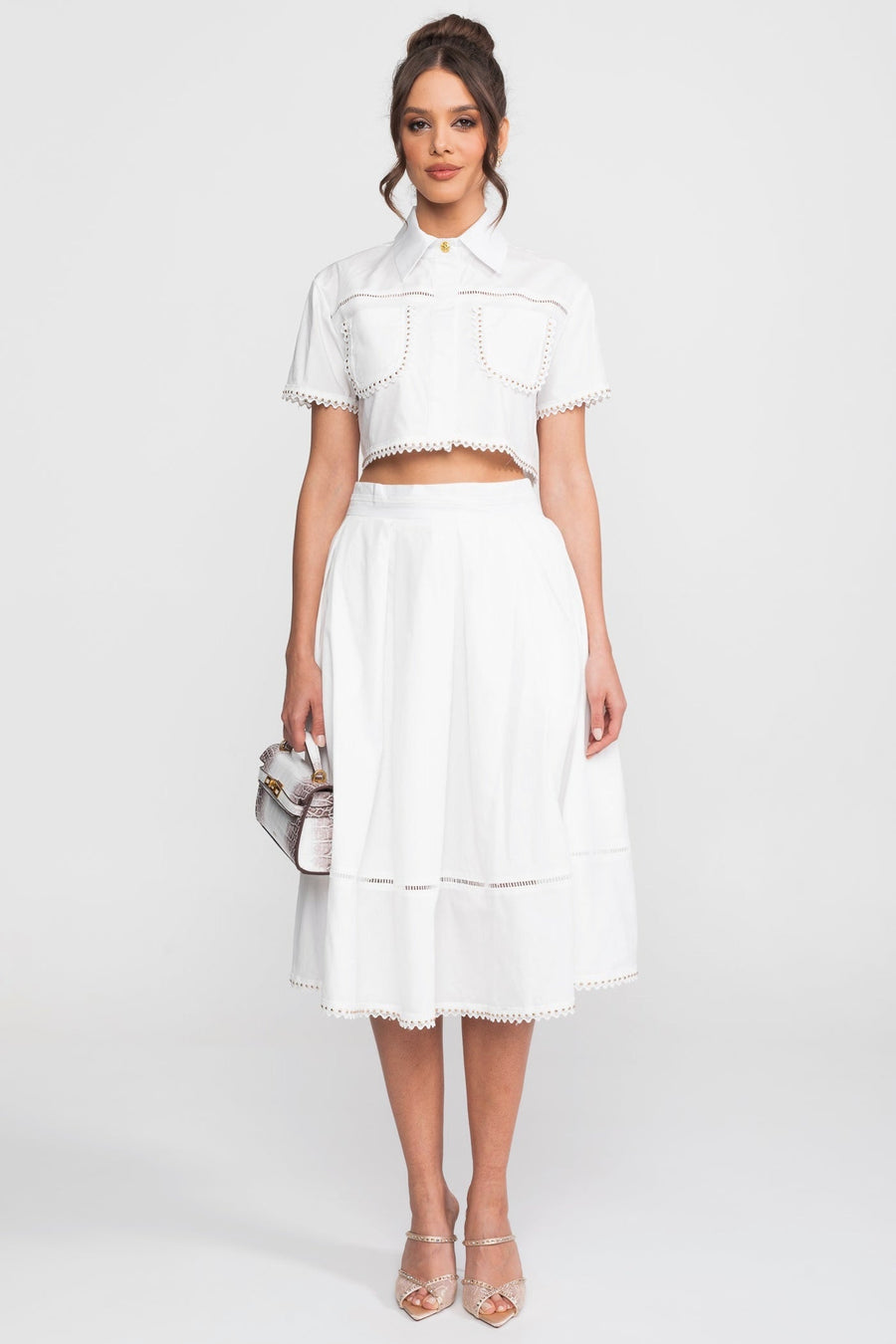 Broderie Trim Cropped Shirt and A-Line Midi Skirt Co-ord Set – White