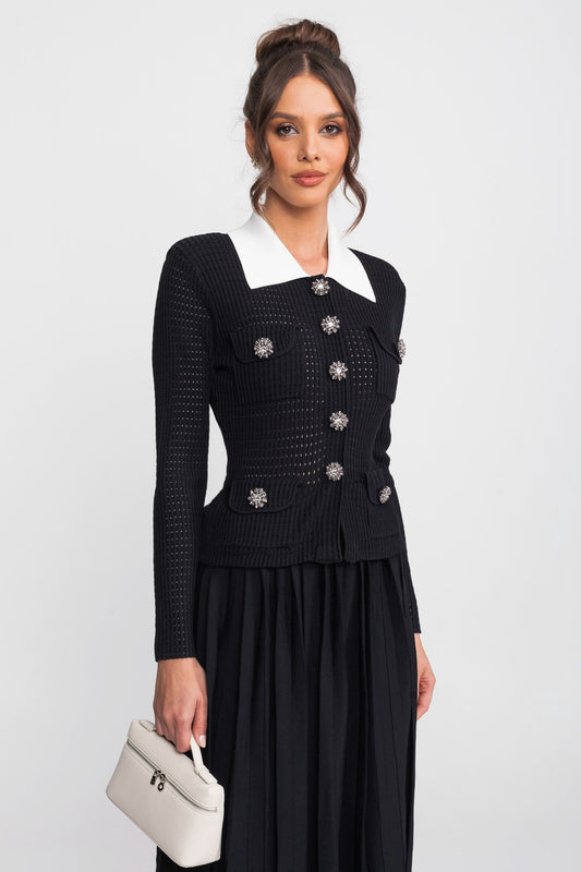 Open-Knit Polo Collar Button-Through Dress with Pleated Midi Skirt – Black – view 2
