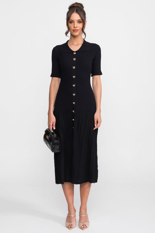 Ribbed Knit Peter Pan Collar Midi Dress with Pleated Skirt – Black – view 2