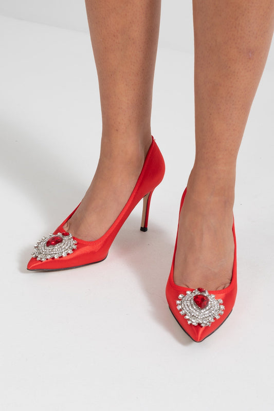 Satin Stiletto Heels with Silver Diamond and Red Stone Detail – Red – view 2
