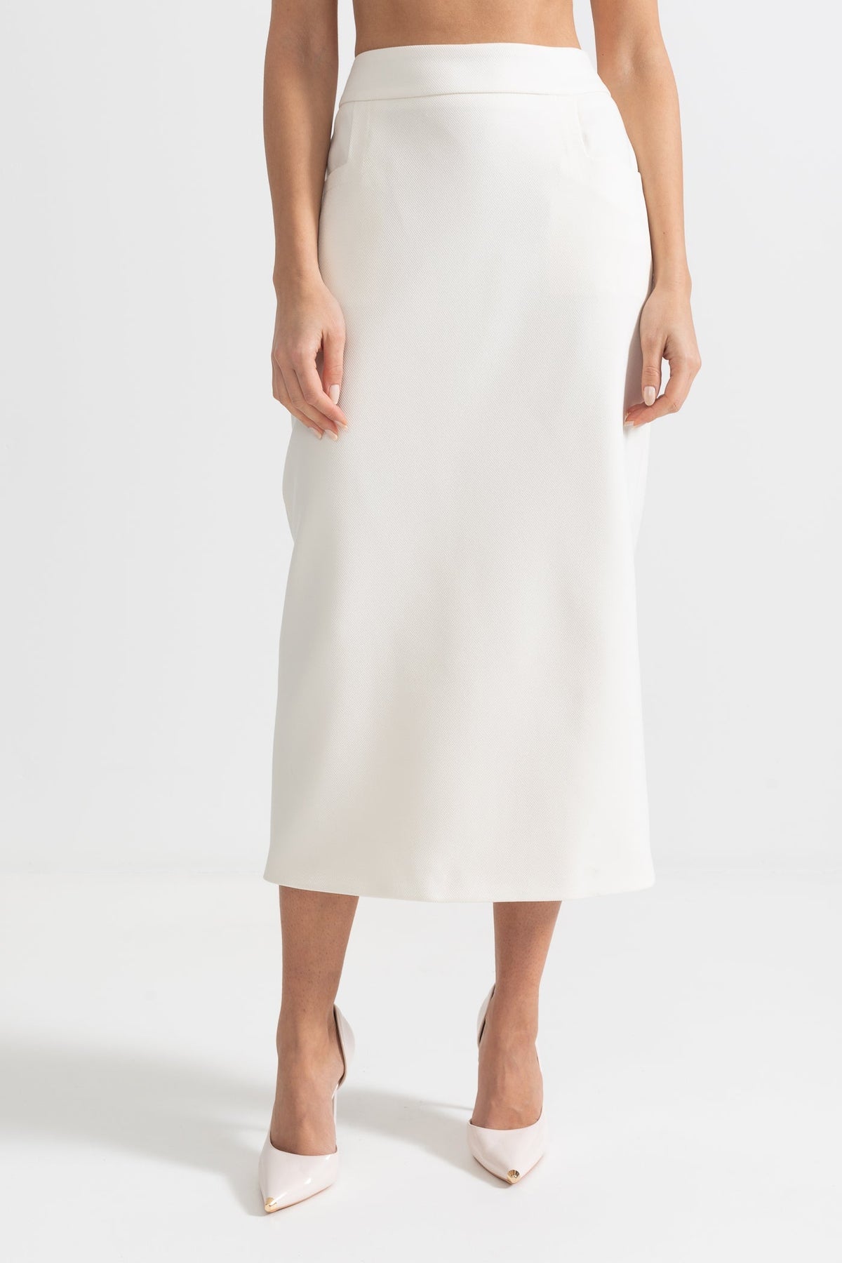 Off-Shoulder Faux Fur Shawl Top and Midi Skirt Two-Piece Set – White – view 9