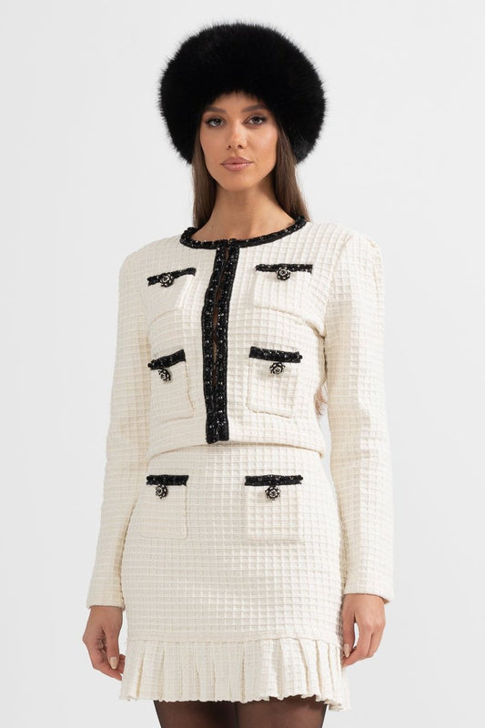 Tweed Long Sleeve Top and Flared Mini Skirt Set with Black Trim – Ivory – view 2