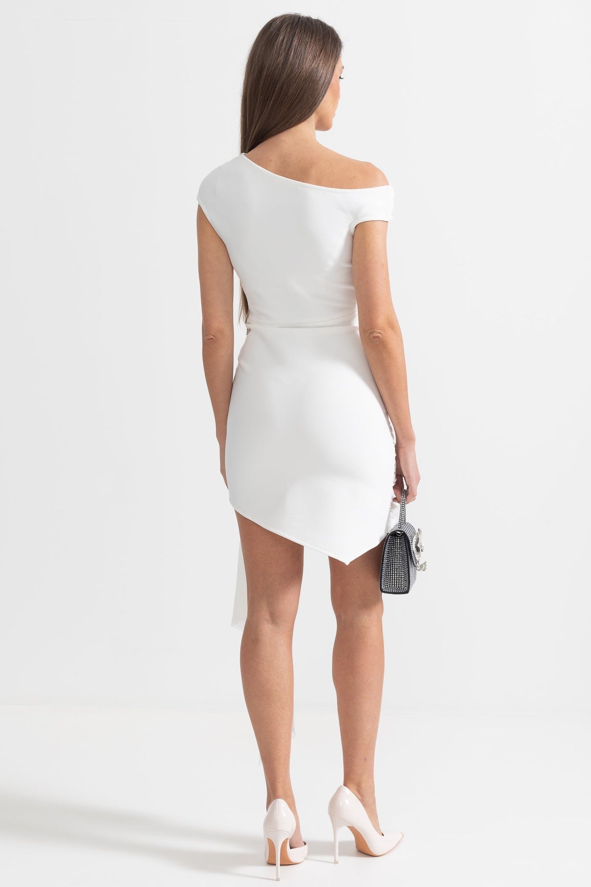 One-Shoulder Draped Asymmetric Mini Dress with Silver Floral Brooch – White – view 9