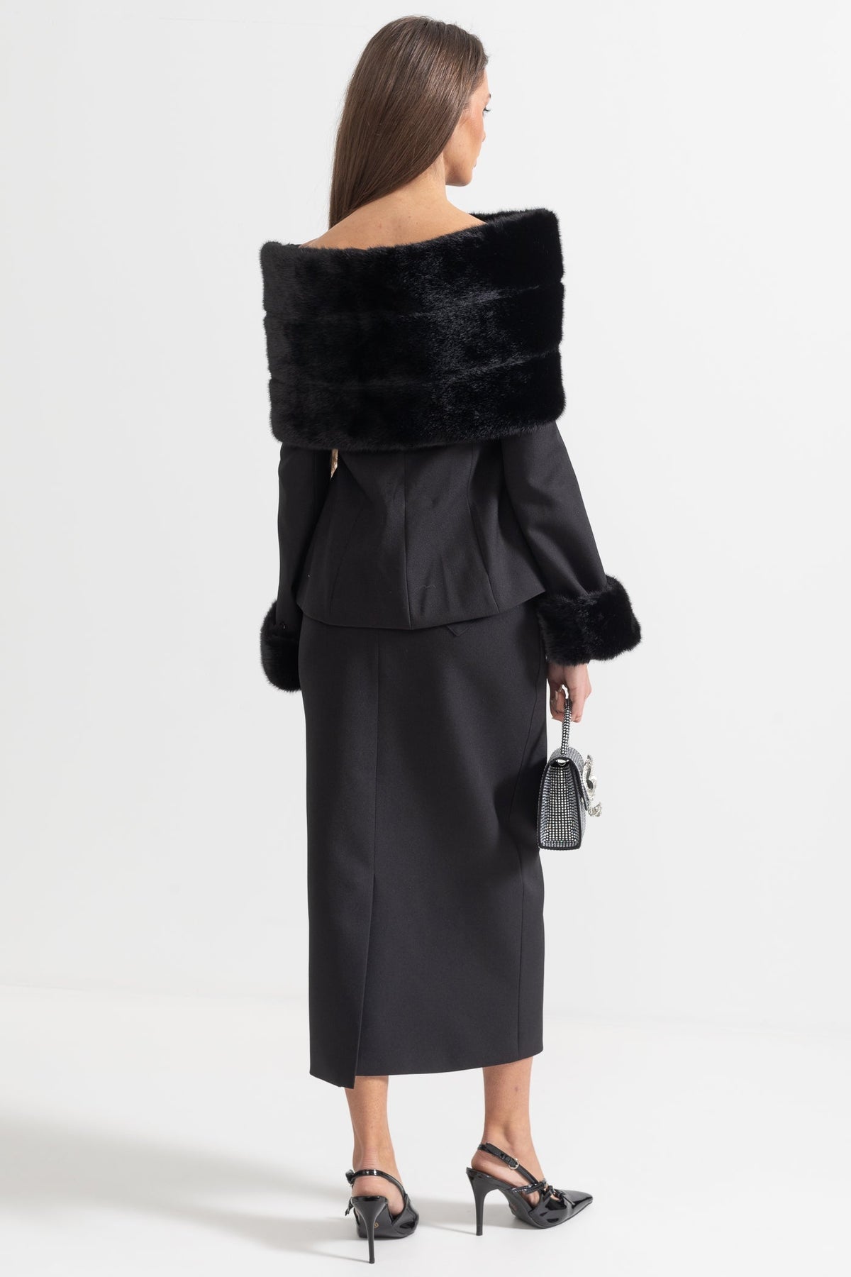 Off-Shoulder Faux Fur Shawl Top and Midi Skirt Two-Piece Set – Black – view 10