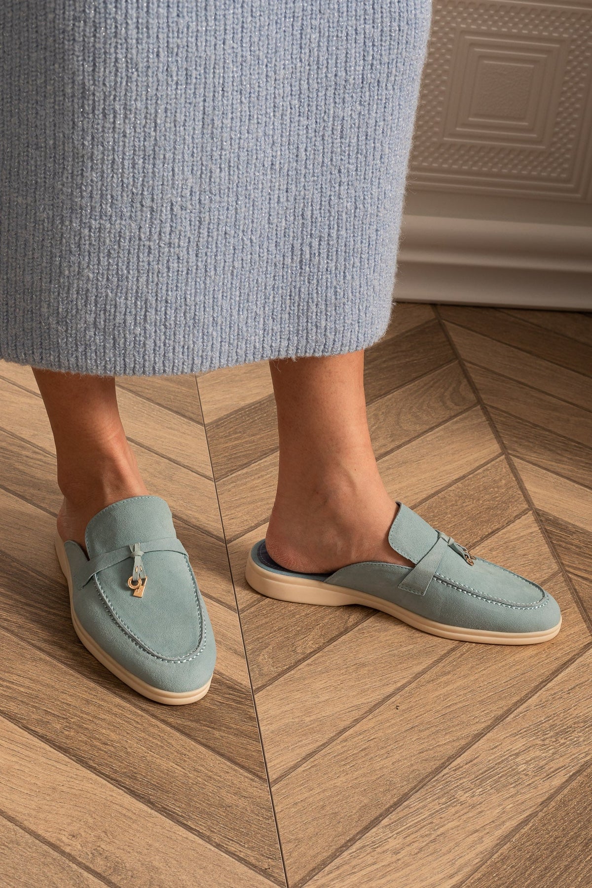 Suede Loafers with Metal Charms and Contrasting Beige Sole – Baby Blue – view 6