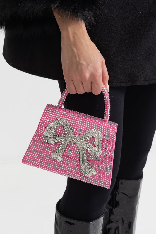 Sparkling Rhinestone Clutch with Decorative Metallic Bow – Pink