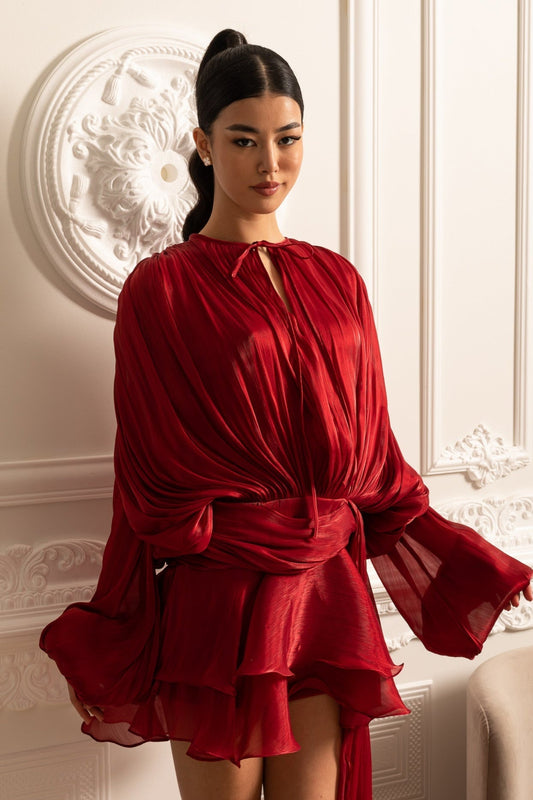 Draped Long Sleeve Mini Dress with Ruched Waistband – Red – view 2