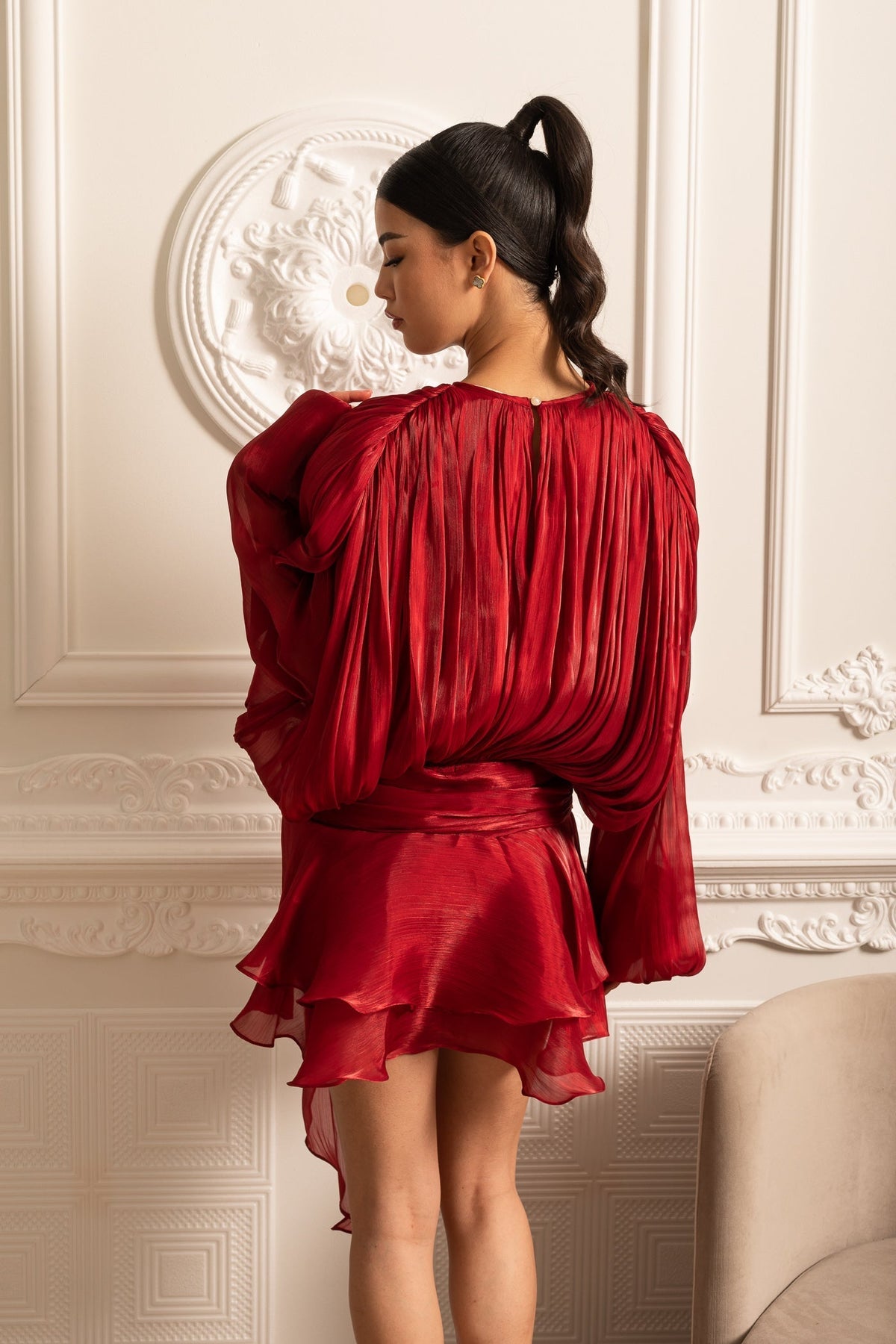 Draped Long Sleeve Mini Dress with Ruched Waistband – Red – view 8