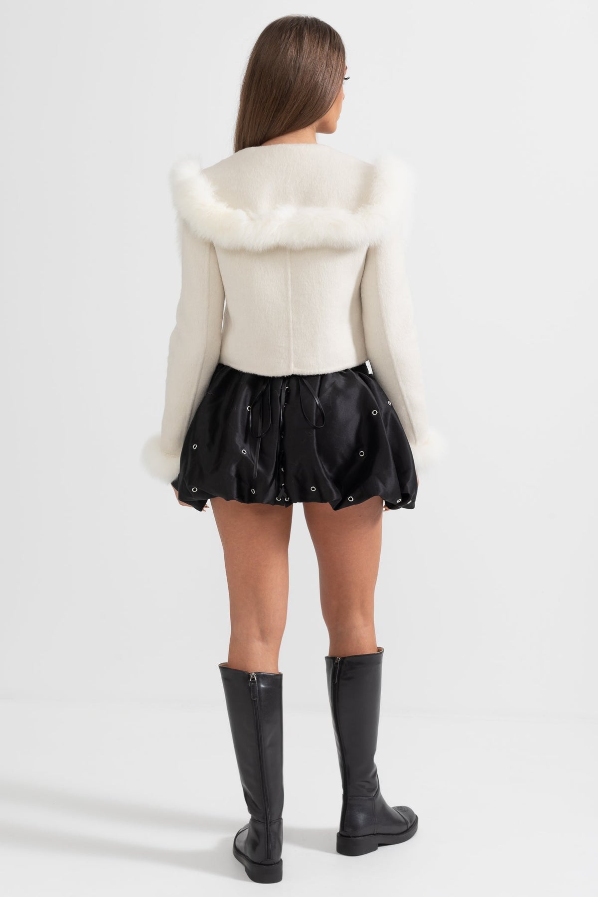 Double-Breasted Cropped Jacket with Trimmed Collar and Cuffs – White – view 8
