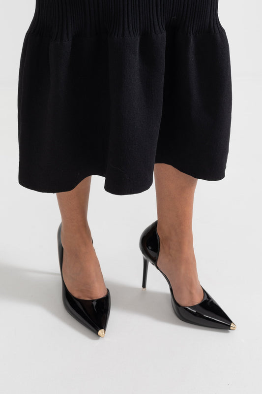 Asymmetric Stiletto Pumps with Gold Metal Tip – Black