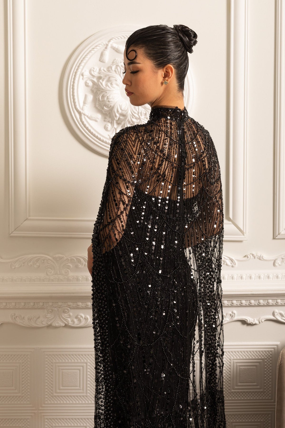 Beaded Sheer Corset Gown with Detachable Veil – Black – view 20