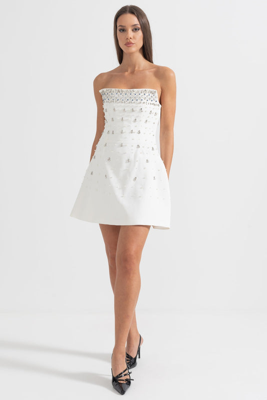 Strapless Mini Dress with Cascading Crystal Embellishments – White