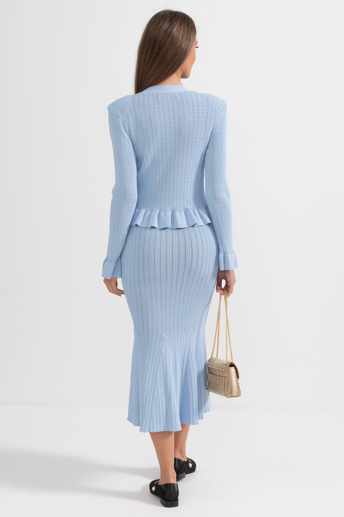 Ruffled V-Neck Knit Cardigan and Flared Knee-Length Skirt Set – Baby Blue – view 14