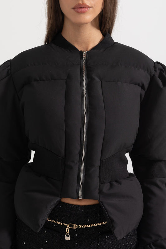 Cropped Puffer Jacket with Fitted Waist and Puffed Sleeves – Black – view 2