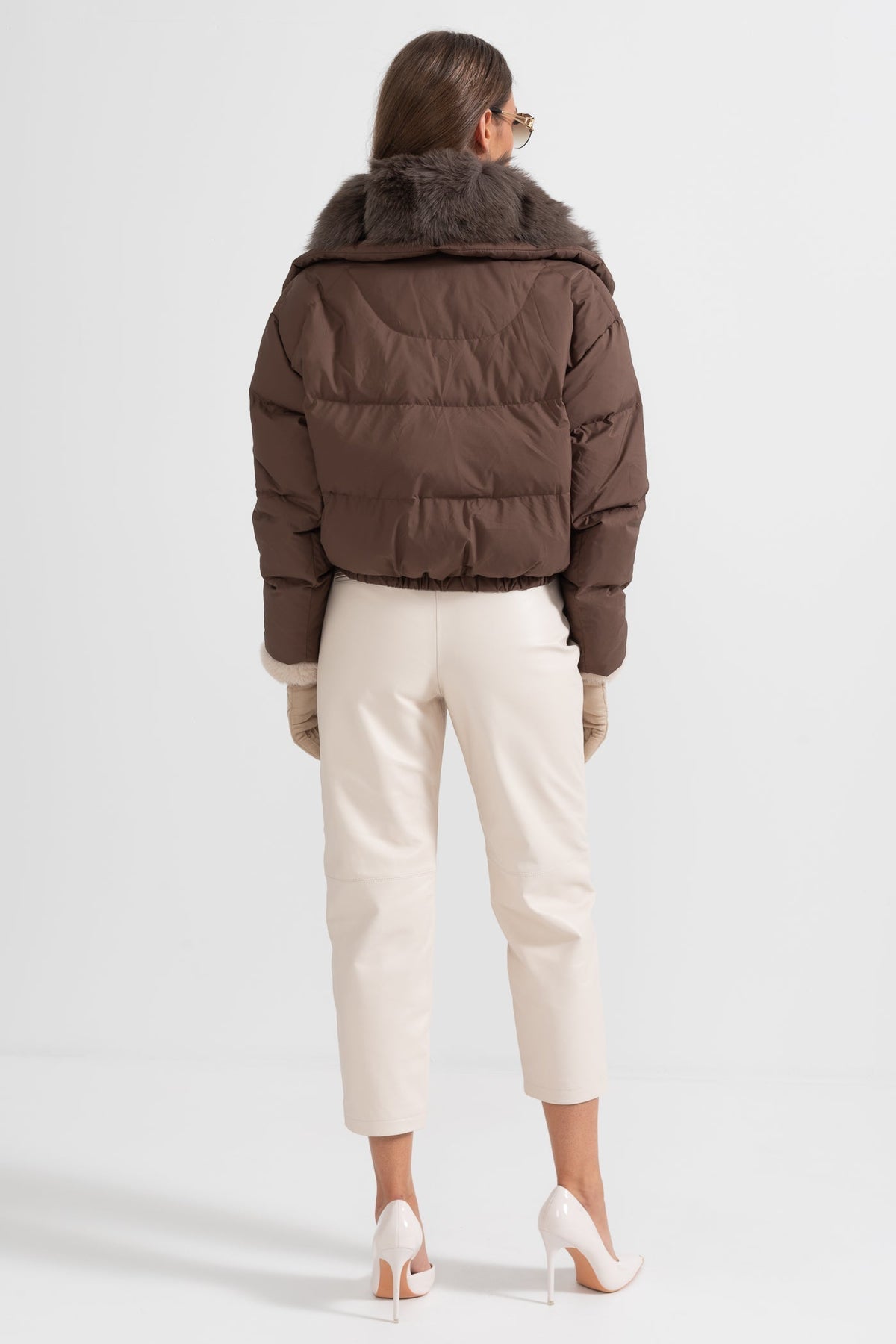 Duck Down Puffer Jacket with Brown Lined Hood – Brown – view 9
