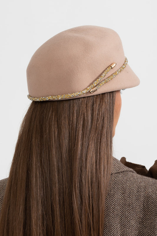 Short Brim Hat with Wrapped Detail and Chain Accent – Beige – view 2
