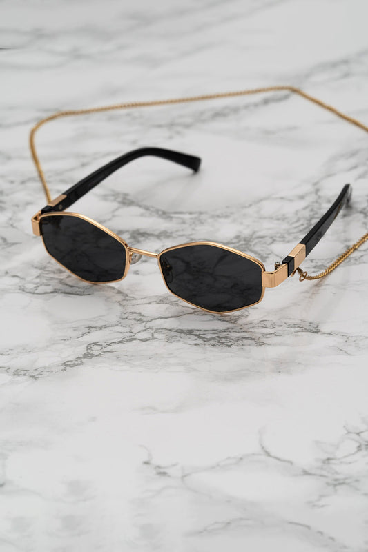 Hexagonal Lens Sunglasses with Detachable Gold Chain – Black