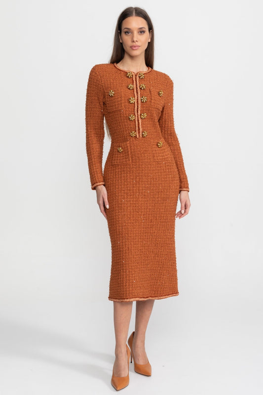 Long Sleeve Tweed Midi Dress with Crystal Buttons – Rust – view 2