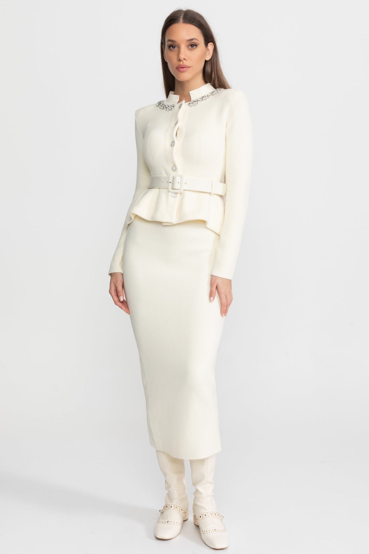 Structured Knit Peplum Midi Dress with Crystal Collar and Belt – Ivory – view 9