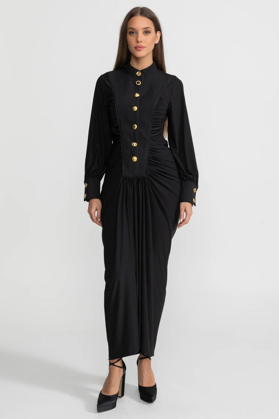 High Neck Long Sleeve Maxi Dress with Gold Statement Buttons – Black