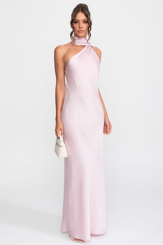 Twist Halter Satin Slip Dress with Asymmetric Neckline – Pink – view 2