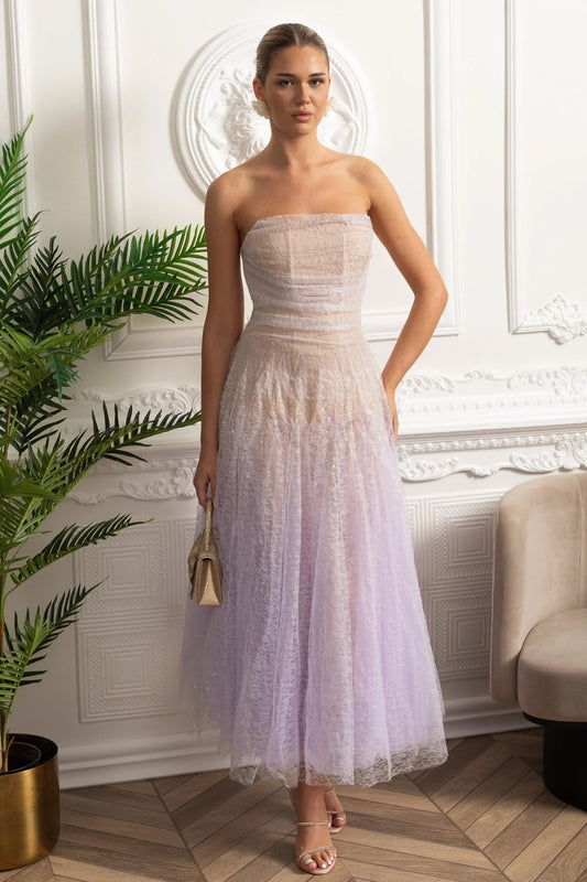 Strapless A-Line Midi Dress with Shimmering Tulle Overlay – Lilac Gradient – view 2