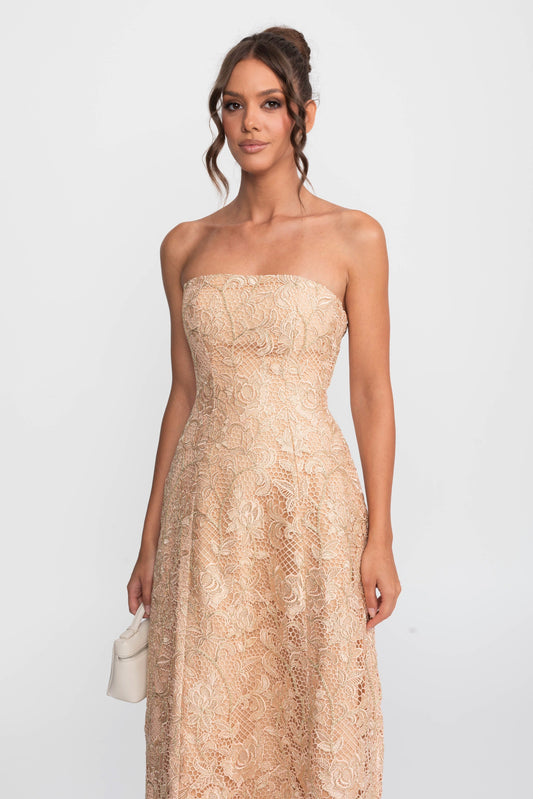 Strapless Floral Lace Ballgown with Full A-Line Skirt – Gold – view 2