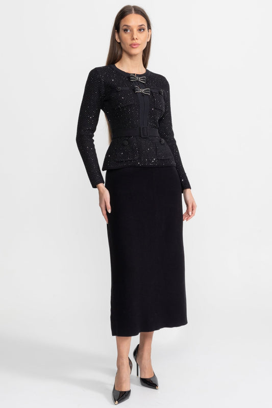 Embellished Tweed Cropped Jacket and A-Line Midi Skirt Set with Bows – Black