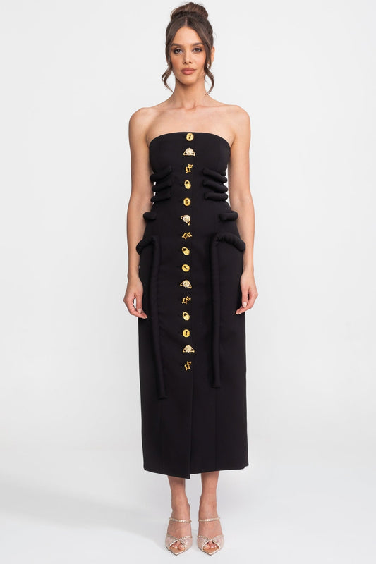 Strapless Midi Dress with Sculptural Knotted Bodice and Jewel Buttons – Black – view 2