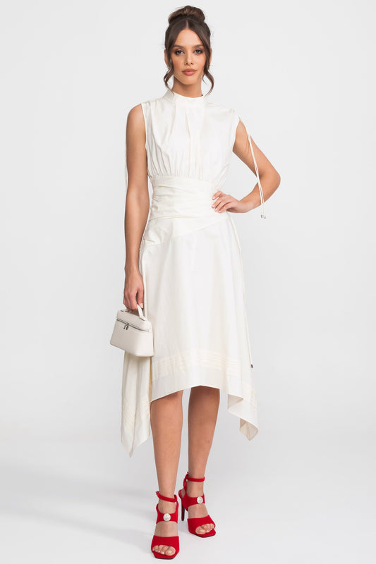High Neck Ruched Waist Midi Dress with Handkerchief Hem – Ivory – view 2
