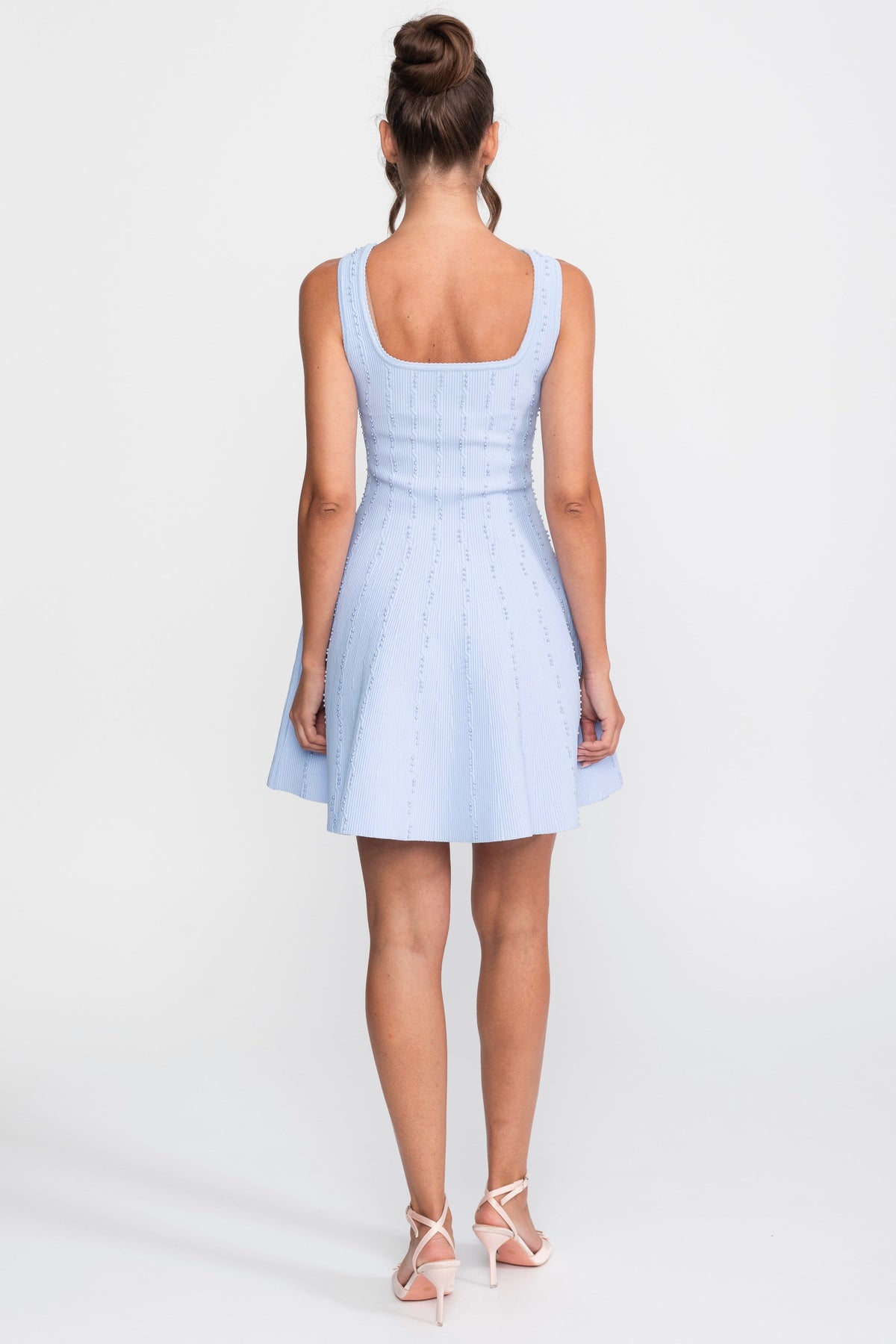 Sleeveless Square Neck Ribbed Knit Mini Dress with Pearl Beading – Light Blue – view 7