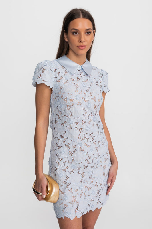 Floral Lace Satin Peter Pan Collar Fitted Mini Dress – Light Blue – view 2