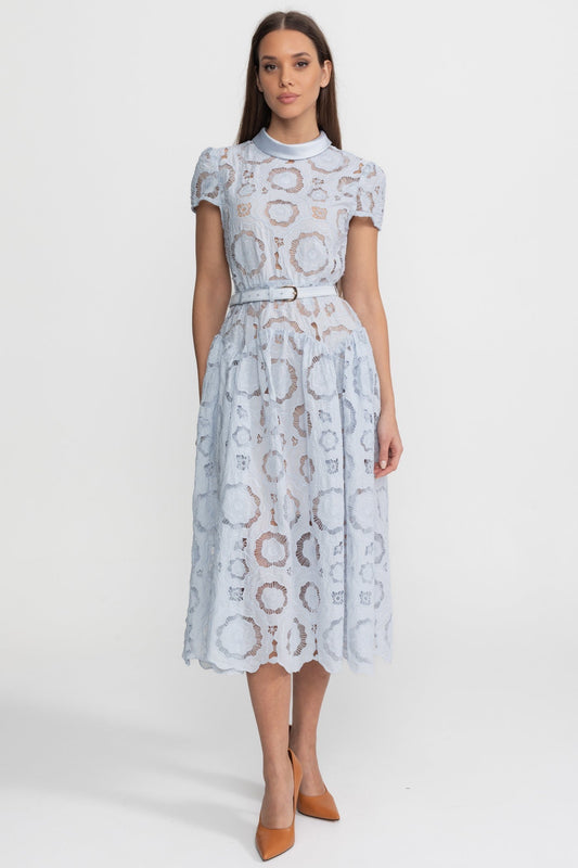 Floral Lace High Neck Belted Midi Dress with Short Sleeves – Light Blue – view 2