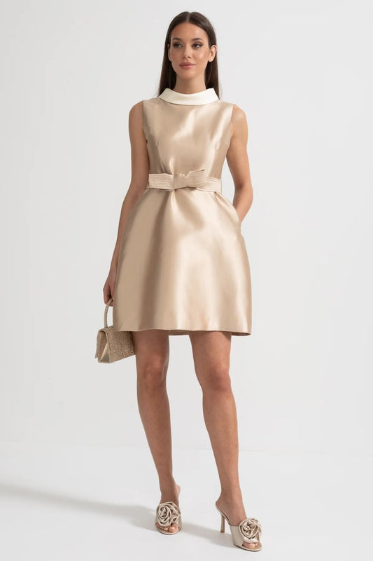 Satin Knee-Length Dress with White Collar and Bow Belt – Beige – view 2