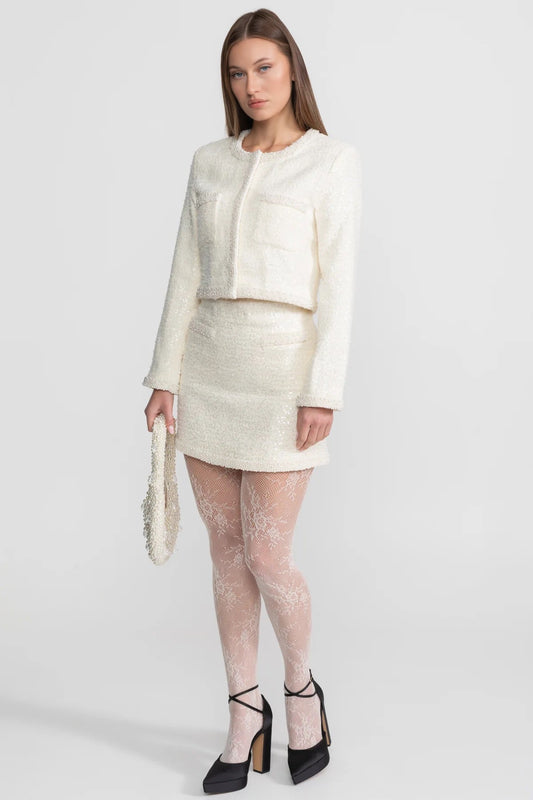 Tweed Mini Skirt with Tonal Beaded Trim and Hemline – Ivoire – view 2