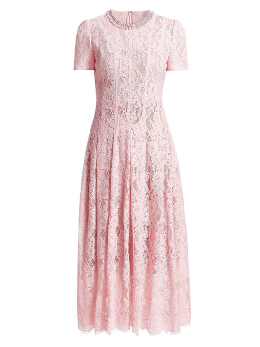 Lace A-Line Midi Dress with Crystal Embellished Crew Neck – Pink