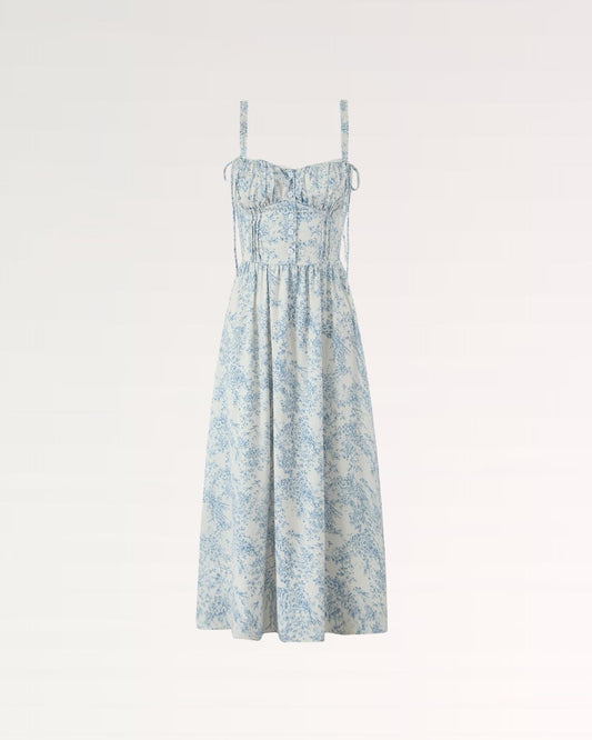 Garden Dream Smocked Square Neck Tiered Linen Blend Dress – Sky Blue